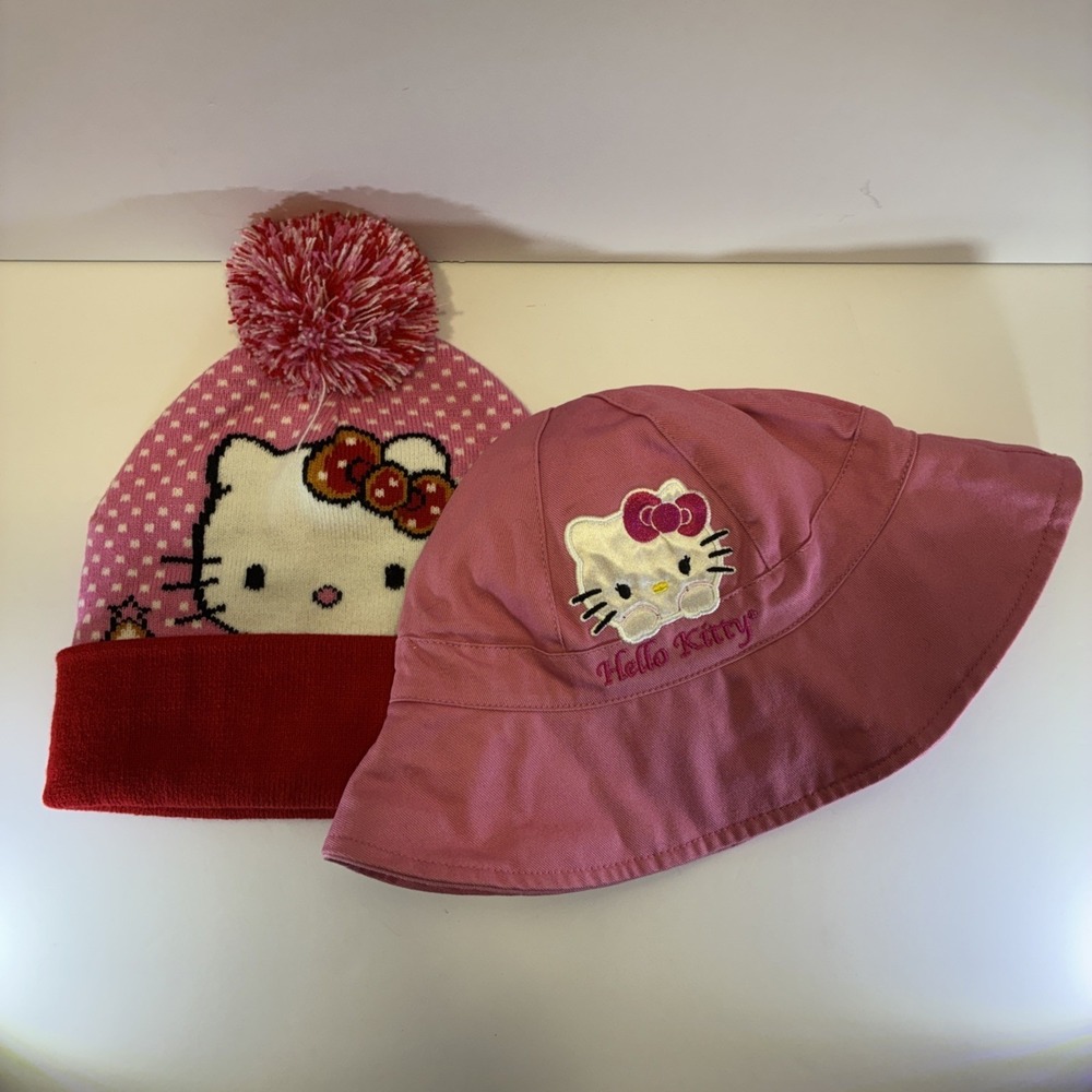 Hello Kitty Pink Hat Combo Bucket Hat and Beanie with Pom Tags Hello Kitty Pink